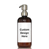 amber 16 oz PET plastic bottle with custom label and stainless steel pump.