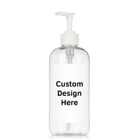 clear 16 oz PET bottle with customized label and white plastic pump.