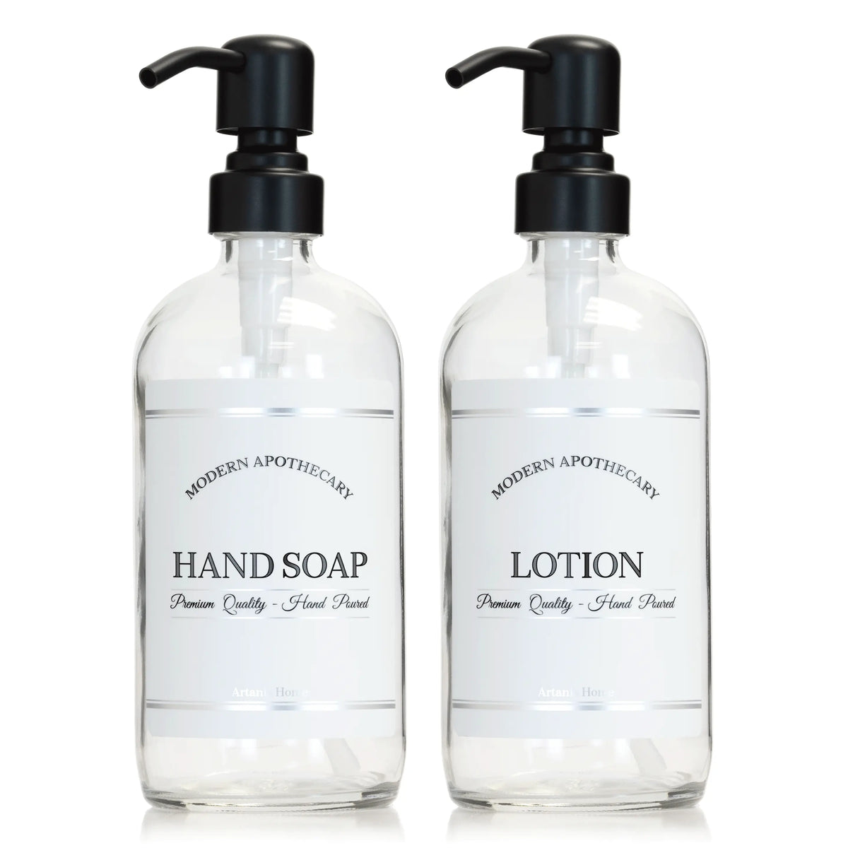 Clear glass Boston round hand soap and lotion soap dispensers for bathroom accessories with black stainless steel pumps.