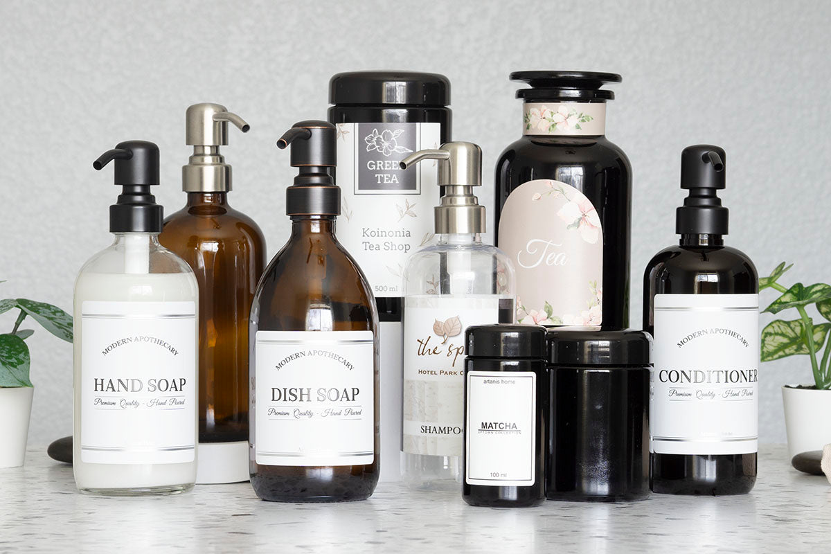 miron jars infinity jars, soap dispensers, tea jars, with custom labels and print.