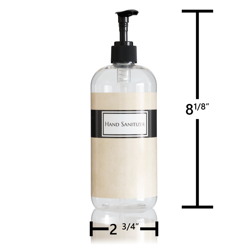Refillable 16oz Hand Sanitizer Pump Bottle, Clear PET Plastic with Label (Empty, no sanitizer product inside)