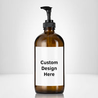 Elegant amber glass 16 oz boston round bottle personalized customized with waterproof label, printed on demand with choice of pumps including stainless steel for kitchen, amenities, hospitality, businesses, bathrooms.