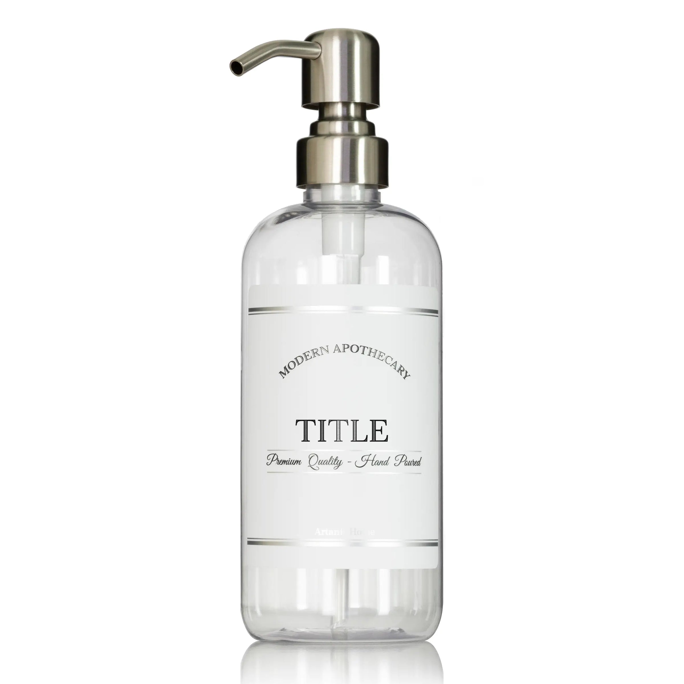 clear PET plastic pump bottle with stainless steel pump and silver accented label.