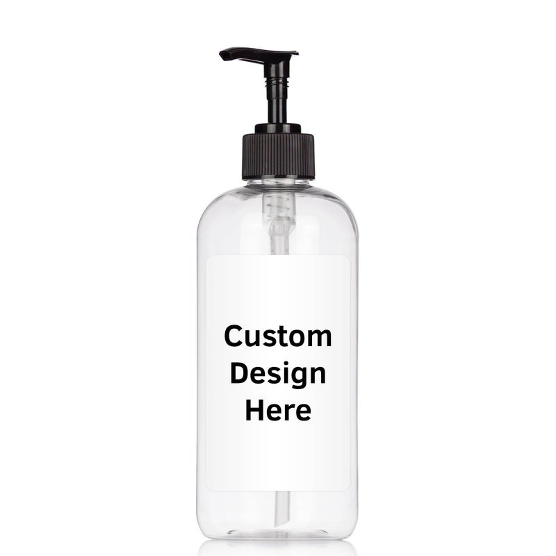 clear 16 oz PET bottle with customized label and black plastic pump.