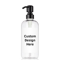 clear 16 oz PET bottle with customized label and black steel pump.