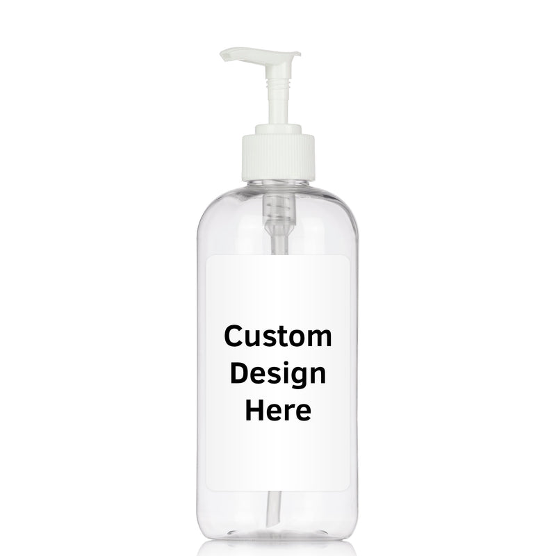 clear 16 oz PET bottle with customized label and white plastic pump.