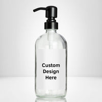 Elegant clear glass 16 oz boston round bottle personalized customized with waterproof label, printed on demand with choice of pumps including stainless steel for kitchen, amenities, hospitality, businesses, bathrooms.