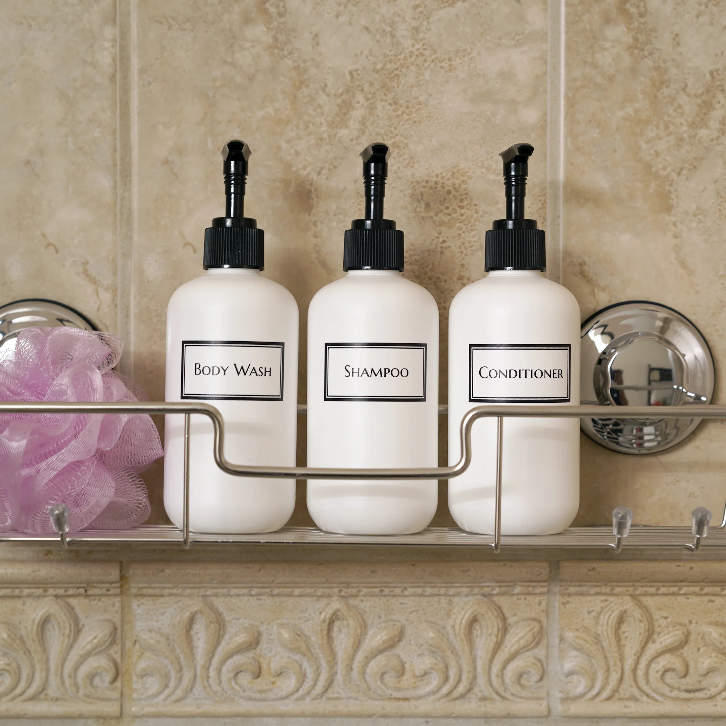 8 oz printed white HDPE plastic refillable shower bottle set with black pumps.