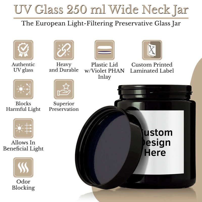 250ml 8 oz wide neck classic lid jar features: authentic UV glass, blocks harmful light, odor-blocking, heavy, durable, laminated label