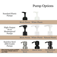 Artanis Home pump options include black and white plastic pumps, 4cc pumps, and stainless steel, black steel, and oil rubbed bronze pumps, foaming pumps are also available.
