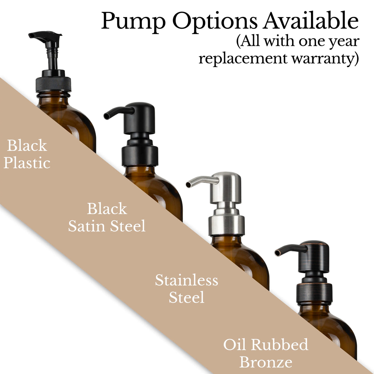 Various stainless steel pumps, black, brushed nickel, and oil rubbed bronze, plus black plastic options with warranty