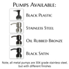 Artanis home pump choices for glass soap dispensers includes plastic pumps, oil rubbed bronze pumps, stainless steel pumps, and black steel pumps. All are 2cc. Steel pumps are 304 grade stainless steel.