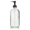 Clear glass bottle with a sleek black pump dispenser, perfect for apothecary-style storage and stylish organization.