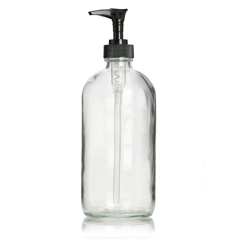 Clear glass bottle with a sleek black pump dispenser, perfect for apothecary-style storage and stylish organization.