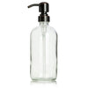 Elegant glass bottle with a black pump and handle, designed for apothecary use, showcasing a stylish bronze dispenser.