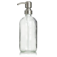 Elegant glass bottle featuring a stainless steel pump, ideal for dispensing soap in a stylish apothecary setting.