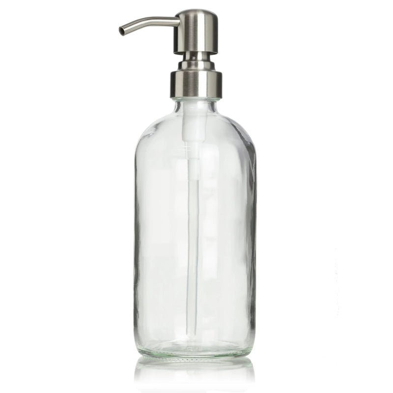 Elegant glass bottle featuring a stainless steel pump, ideal for dispensing soap in a stylish apothecary setting.