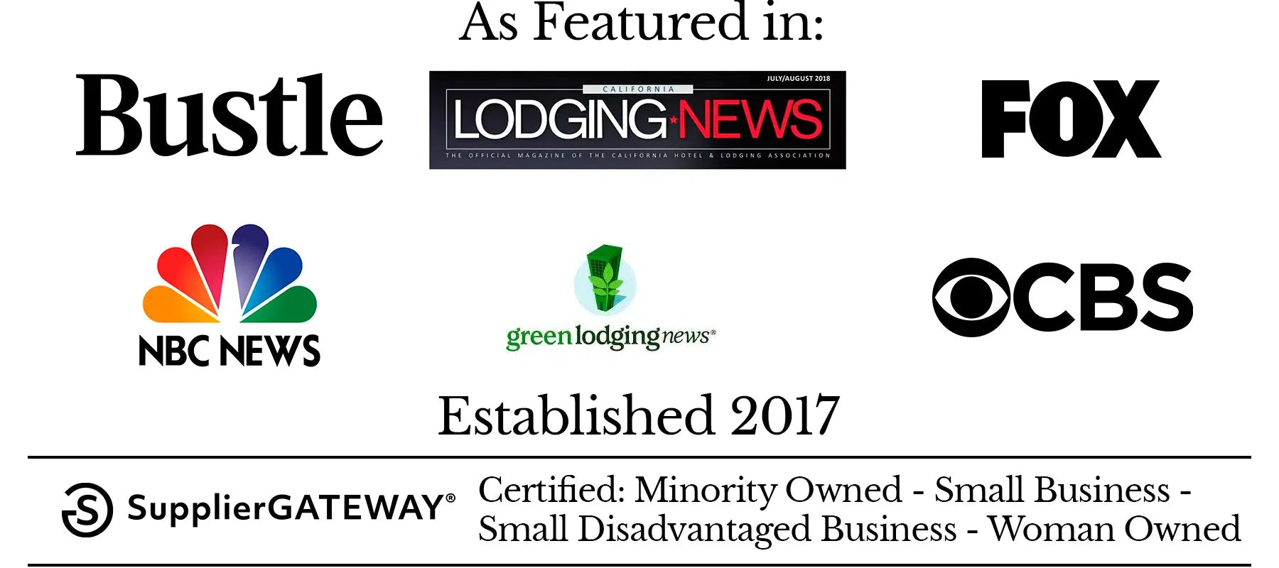 Text: As Featured In: Bustle, Lodging News, Fox, NBC News Green Lodging News, CBS. Established 2017. SupplierGATEWAY. Certified: Minority Owned - Small Business - Small Disadvantaged Business - Woman Owned