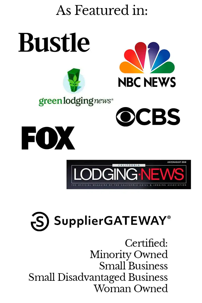 Text: As Featured In: Bustle, Lodging News, Fox, NBC News Green Lodging News, CBS. Established 2017. SupplierGATEWAY. Certified: Minority Owned - Small Business - Small Disadvantaged Business - Woman Owned