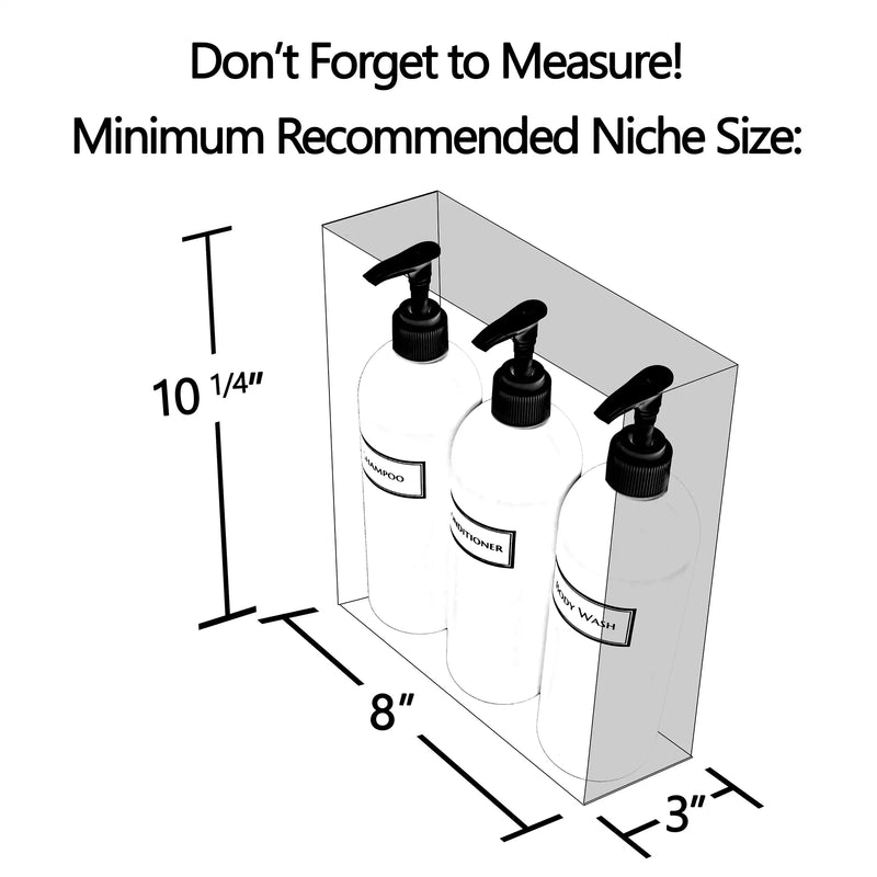 Niche size guidelines for white silkscreened shower bottle set fit.