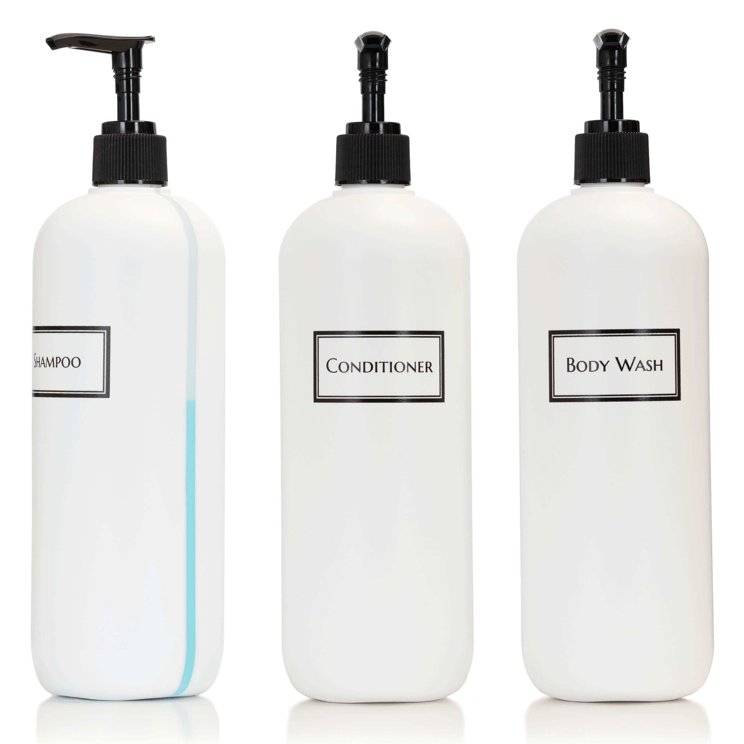 Set of three 19 oz view stripe bottles with printed "Shampoo" "Conditioner" and "Body Wash" text and black pumps. Creates a designer, decluttered shower. Easily view the fill level.