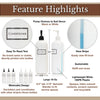 Feature highlights of the white silkscreened 19oz set of refillable bottles for the shower with view stripe. Easy to read text, view stripe, minimalist design, large 19 oz, lightweight HDPE plastic, sustainable, and with a choice of pumps.