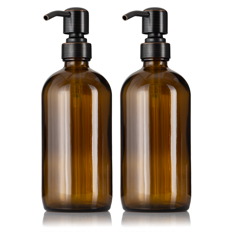 2 Amber Glass 16 oz Boston Round Soap Dispenser Pump Bottles
