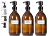 3 Amber Glass 16 oz Apothecary Soap Dispenser Pump Bottles with Ceramic Printed Labels