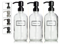 3 Clear Glass 16 oz Boston Round Soap Dispenser Pump Bottles with Ceramic Printed Labels
