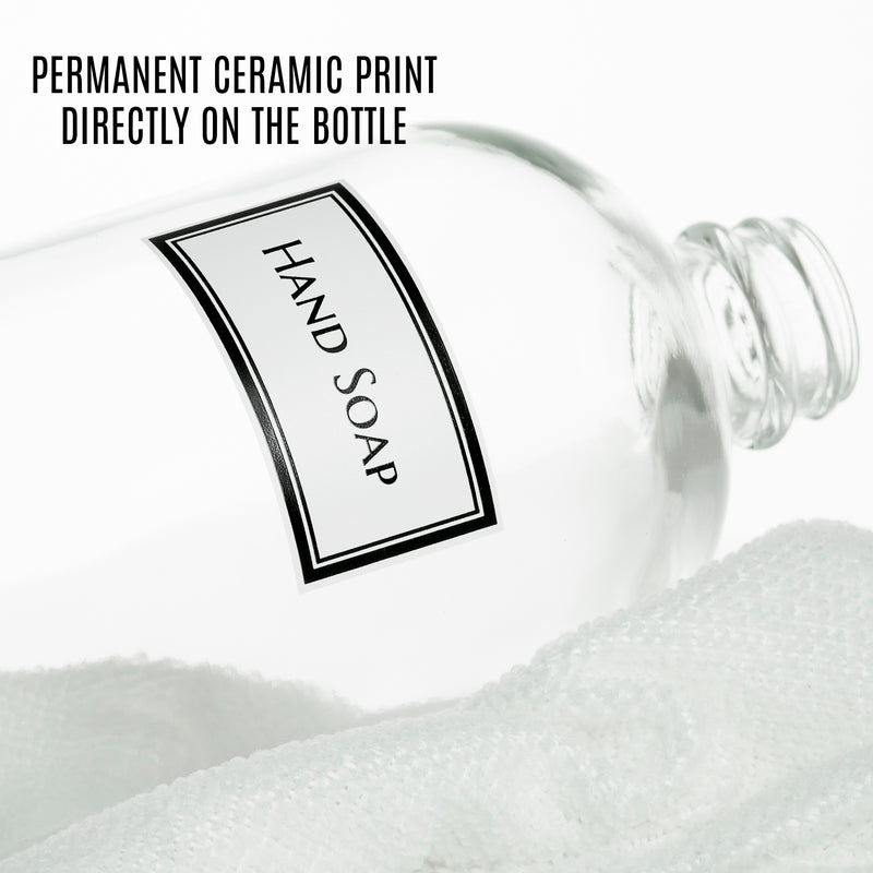 Clear Glass 16 oz Boston Round Hand Soap Dispenser Pump Bottle with Ceramic Printed Label