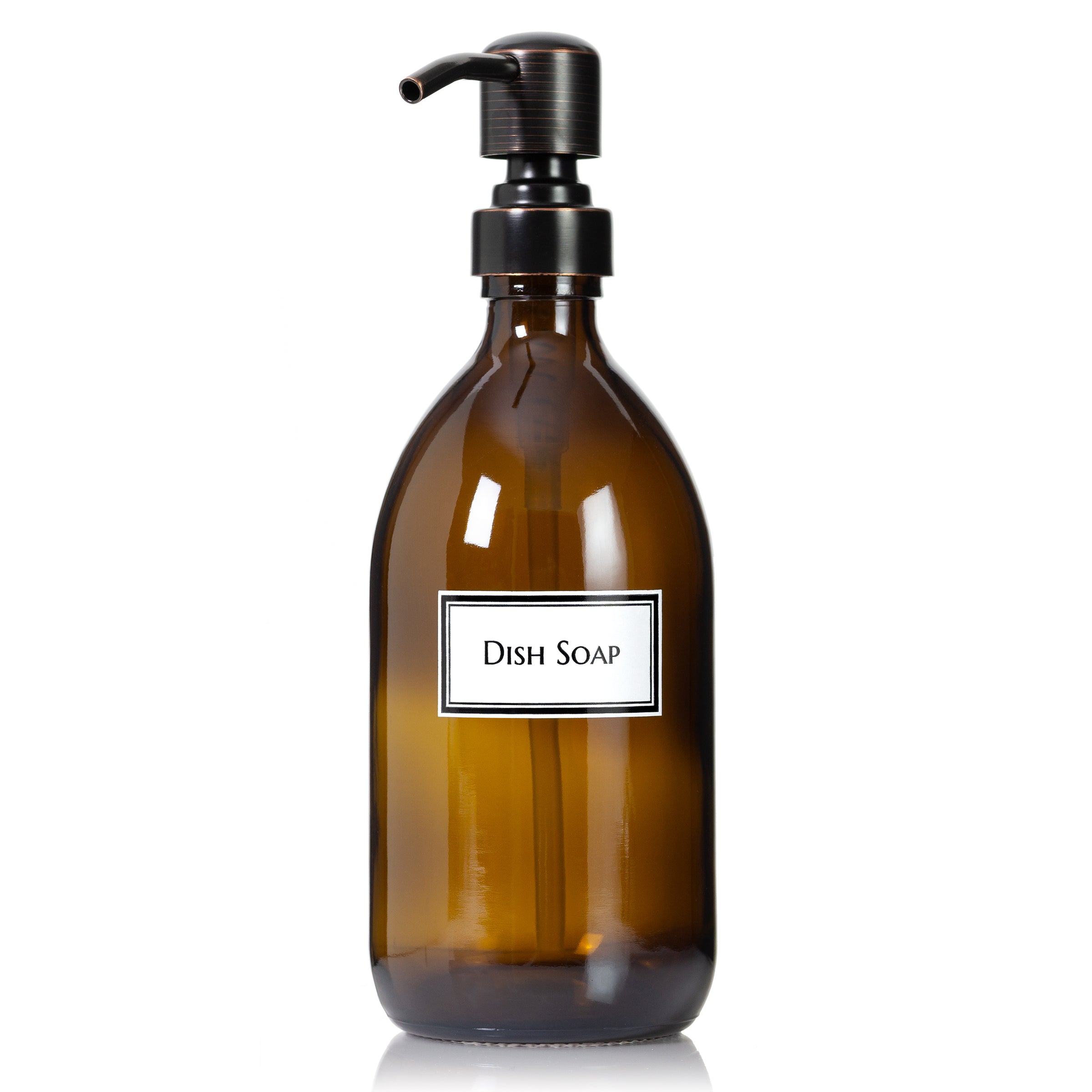 Amber Glass 16 oz Apothecary Dish Soap Dispenser Pump Bottle with Ceramic Printed Label