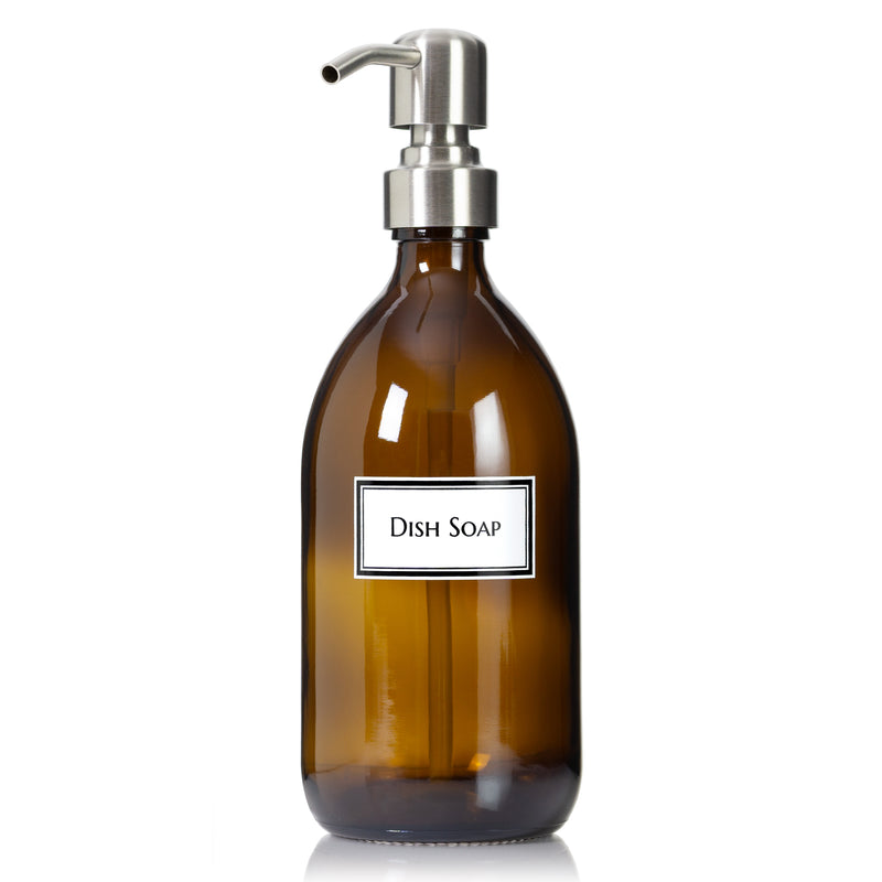 Amber Glass 16 oz Apothecary Dish Soap Dispenser Pump Bottle with Ceramic Printed Label