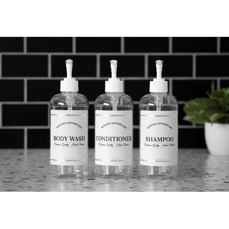 Clear "Modern Apothecary" PET Plastic Bottle Trio (Choose Your Titles)