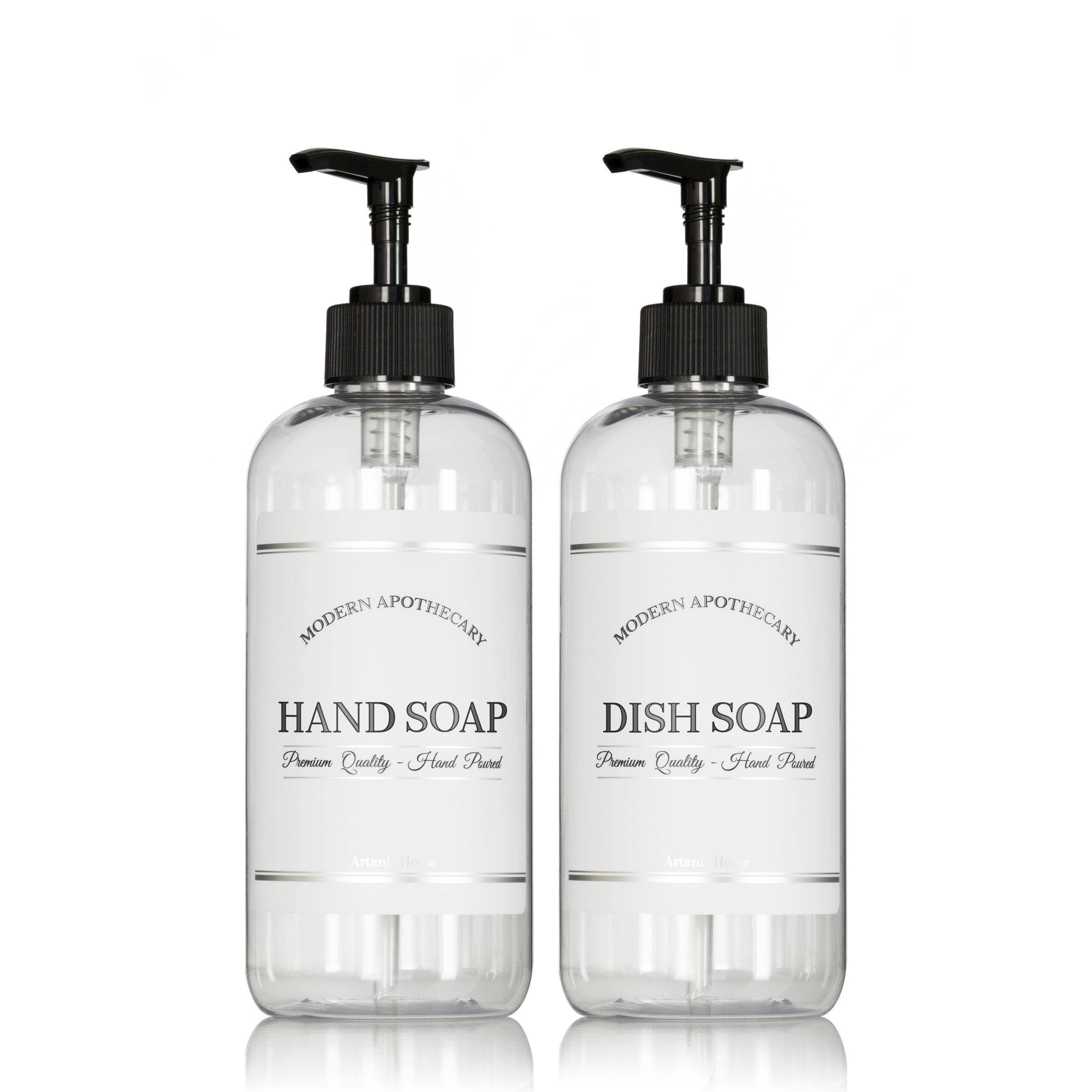 Clear Modern Apothecary Hand Soap, Dish Soap PET Plastic Bottle Duo