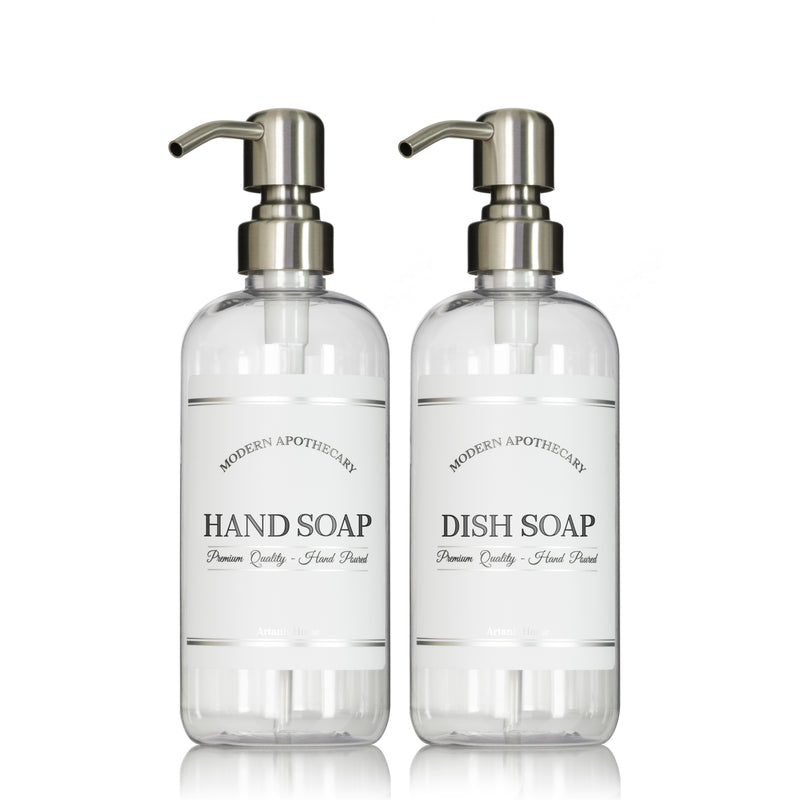 Clear "Modern Apothecary" Hand Soap, Dish Soap PET Plastic Bottle Duo