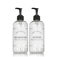 Clear "Modern Apothecary" Hand Soap, Lotion PET Plastic Bottle Duo