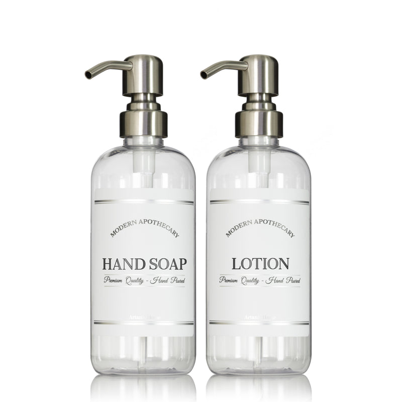 Clear "Modern Apothecary" Hand Soap, Lotion PET Plastic Bottle Duo