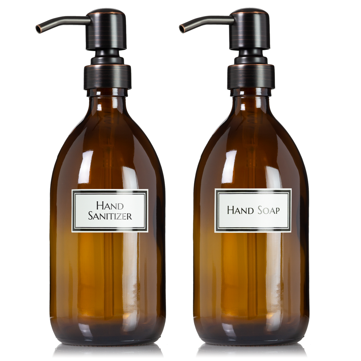 2 Amber Glass 16 oz Apothecary Soap Dispenser Pump Bottles with Ceramic Printed Labels