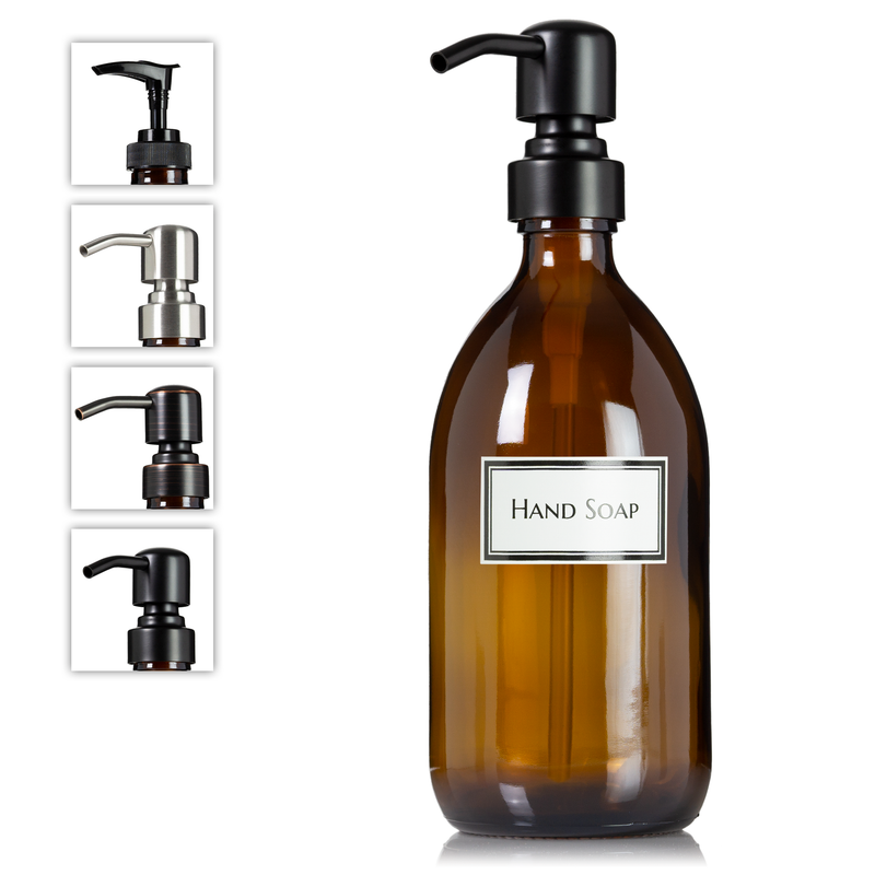 Amber Glass 16 oz Apothecary Hand Soap Dispenser Pump Bottle with Ceramic Printed Label