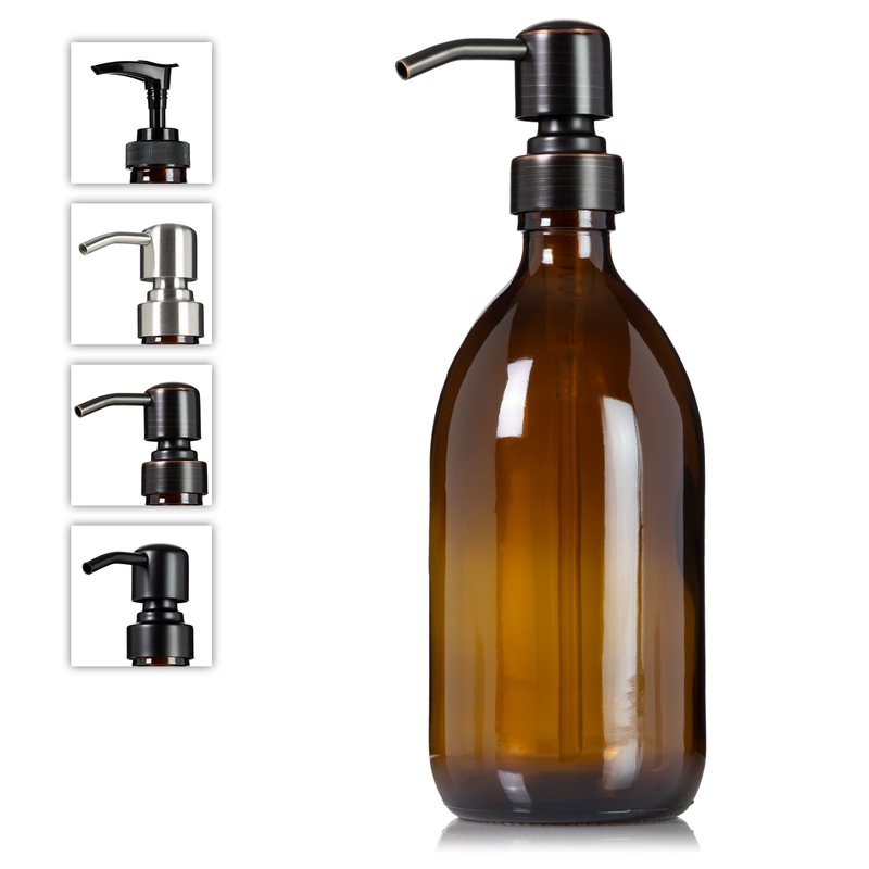 Amber glass 16 oz apothecary/syrup/sirop bottle with choice of pumps.