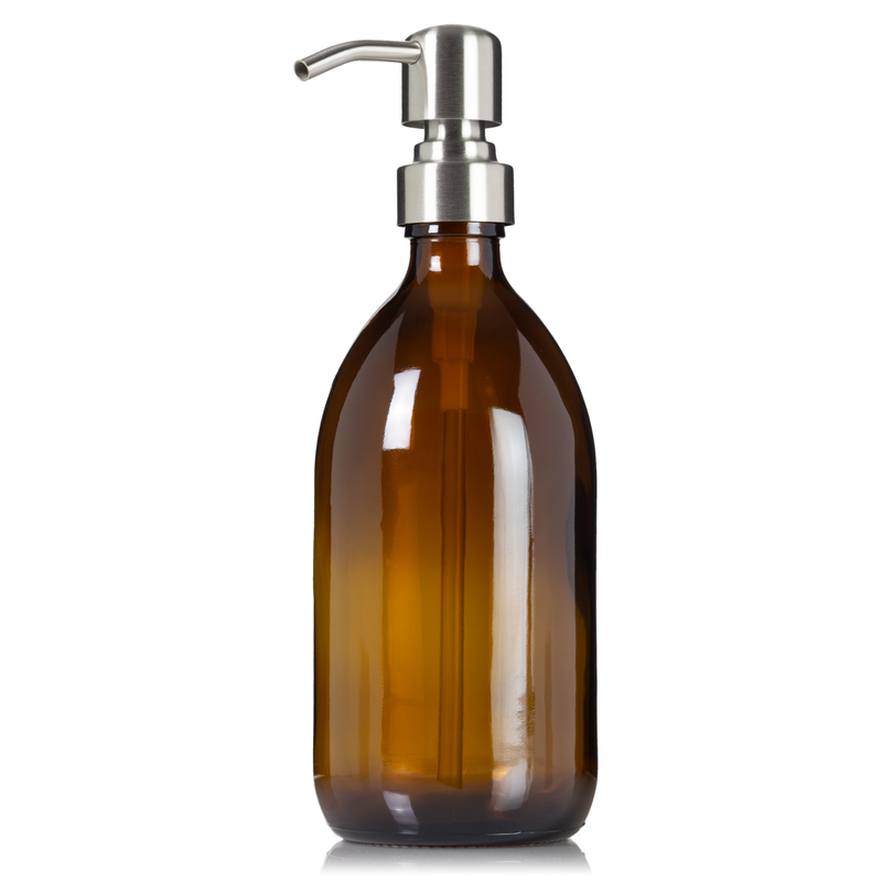 Amber 16 oz glass apothecary bottle with 304 grade stainless steel pump.