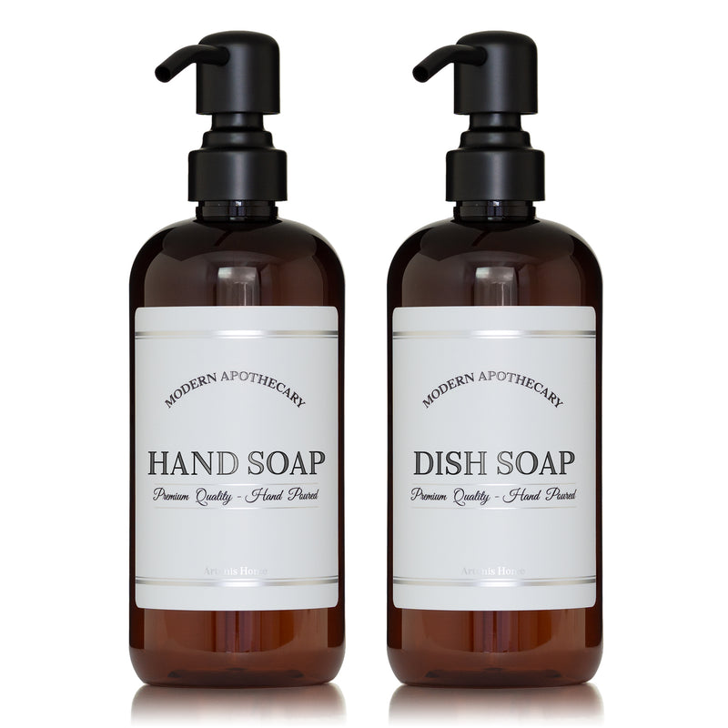 Amber "Modern Apothecary" Hand Soap, Dish Soap PET Plastic Bottle Duo