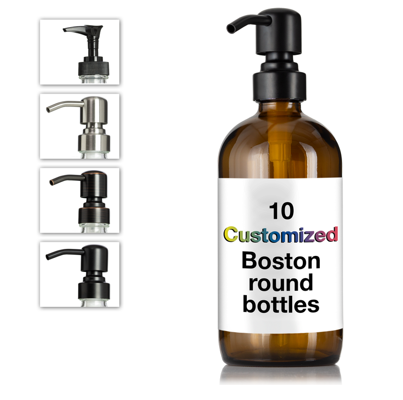 10 Customized Amber Glass 16 oz Boston Round Soap Dispenser Pump Bottles With Full Color Waterproof Vinyl Labels