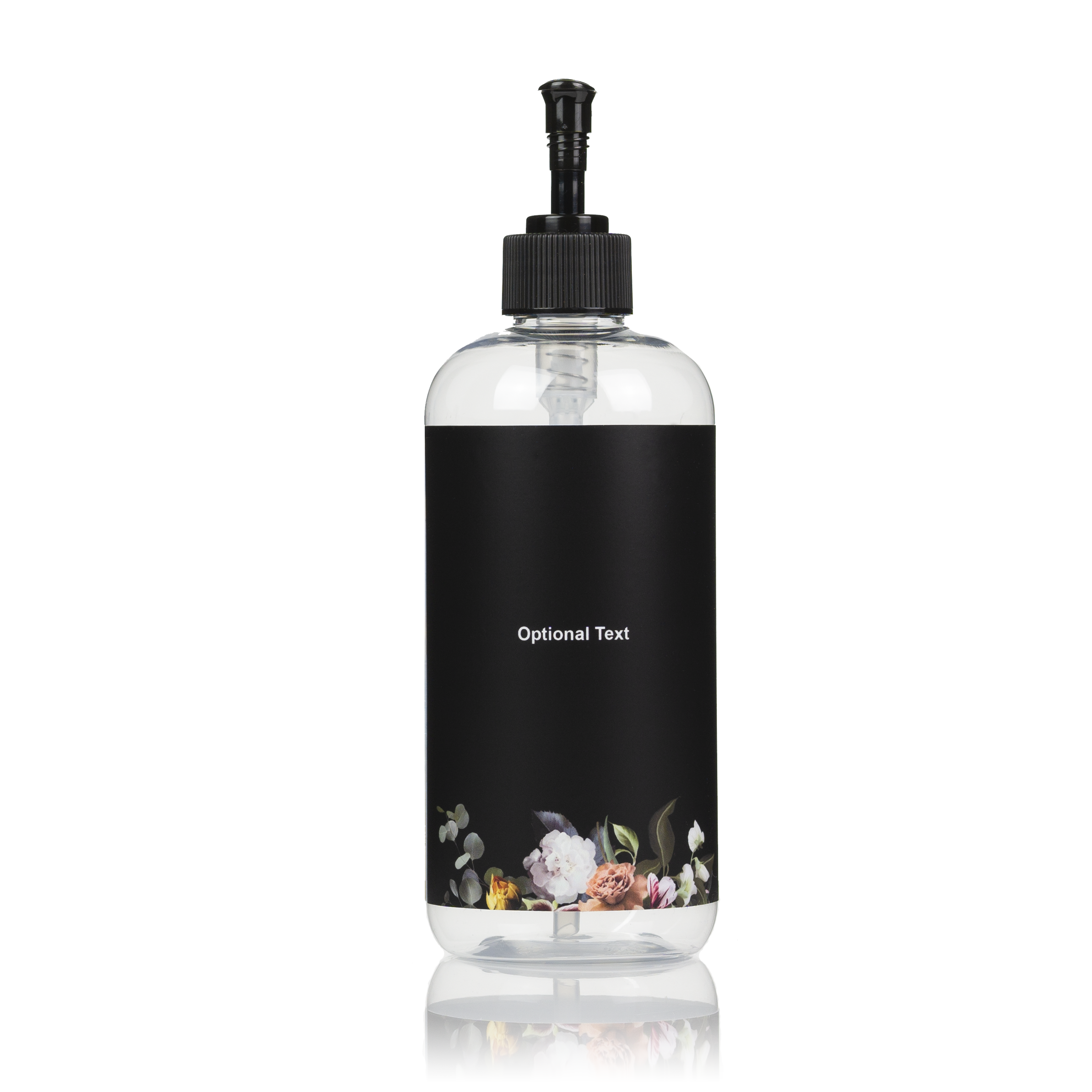 10-Pack Customized Clear PET Plastic 16 oz Pump Dispenser Bottles with Vinyl Labels (Black Floral Design)