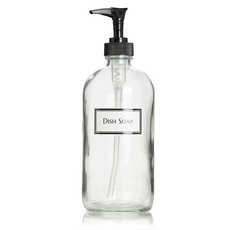 Clear Glass 16 oz Boston Round Dish Soap Dispenser Pump Bottle with Ceramic Printed Label