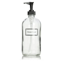 Clear Glass 16 oz Boston Round Hand Soap Dispenser Pump Bottle with Ceramic Printed Label