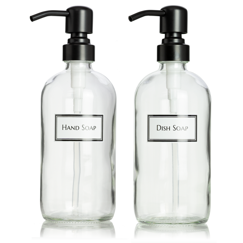 2 Clear Glass 16 oz Boston Round Soap Dispenser Pump Bottles with Ceramic Printed Labels