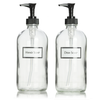 Set of two clear glass Boston round bottles with permanent ceramic printed text for "Hand Soap" and "Dish Soap". With black plastic pumps.