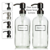 Set of two clear glass Boston round bottles with ceramic printed text for "Hand Soap", "Dish Soap", and "Lotion". With a choice of pumps.