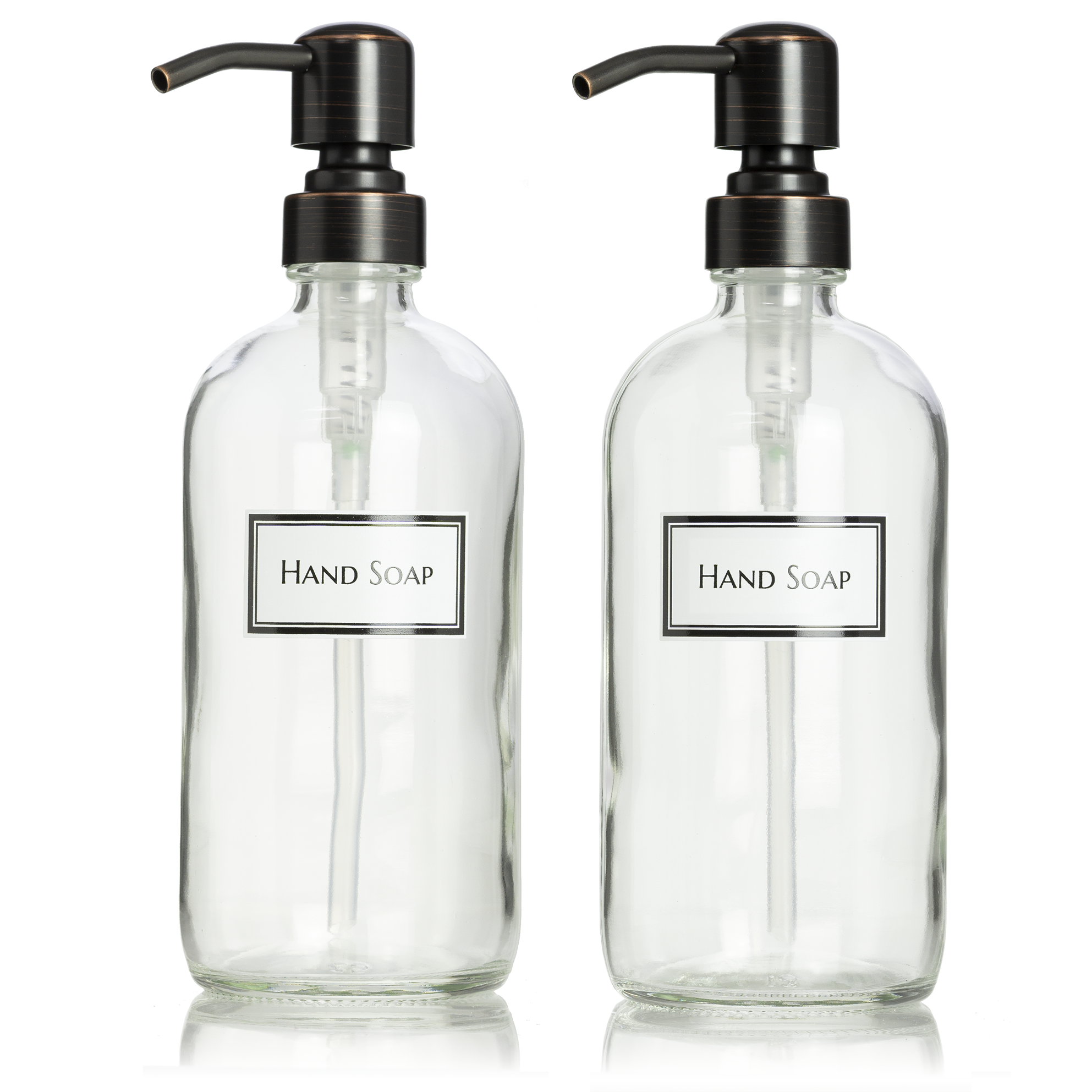 Set of two clear glass Boston round bottles with permanent ceramic printed text for "Hand Soap". With oil rubbed bronze pumps.